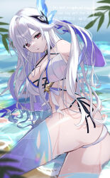 1girl absurdres ass beach bikini blue_gloves blue_sky blue_thighhighs breasts commentary_request elbow_gloves genshin_impact gloves highres large_breasts long_hair looking_at_viewer lying ocean on_side outdoors parted_lips red_eyes rinmel9 side-tie_bikini_bottom skirk_(genshin_impact) sky solo swimsuit thighhighs thighs wet white_bikini white_hair