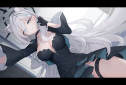 1girl absurdres animal_ear_fluff animal_ears black_choker black_dress black_gloves blue_archive blue_eyes breasts bright_pupils choker cleavage cross_hair_ornament dress eyes_visible_through_hair garter_straps gloves hair_ornament highres letterboxed long_hair looking_at_viewer mcg6 medium_breasts shiroko_(blue_archive) shiroko_terror_(blue_archive) solo thighs white_pupils