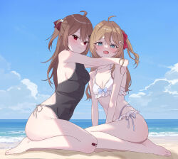 2girls 5ri :d absurdres bandaid bandaid_on_knee bandaid_on_leg barefoot beach bikini black_bikini blue_bow blue_sky blush bow breasts cloud commentary commission english_commentary evil_neuro-sama fang feet full_body furrowed_brow hair_ornament heart heart_hair_ornament highres horizon hug kneeling medium_breasts multiple_girls neuro-sama ocean open_mouth outdoors second-party_source siblings side-tie_bikini_bottom sisters skin_fang sky smile swimsuit thighs toes twins vedal_ai water white_bikini
