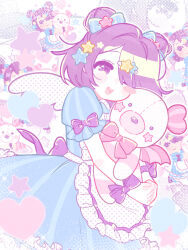 1girl apron blue_bow blue_dress blush_stickers bow commentary double_bun dress eru_(nkce4847) hair_bow hair_bun hair_ornament highres holding holding_stuffed_toy irasutoya irasutoya_challenge pastel_colors pink_bow puffy_short_sleeves puffy_sleeves purple_bow purple_eyes purple_hair short_sleeves single_blush_sticker solo star_(symbol) star_hair_ornament stuffed_animal stuffed_toy teddy_bear white_apron wings yume_kawaii yumekawa_joshi_(irasutoya)