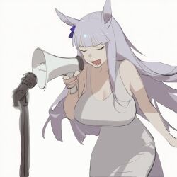 Rule 34 | 1girl, animal ears, bare shoulders, blunt bangs, bow, breasts, closed eyes, commentary, dress, ear ribbon, gold ship (umamusume), grey dress, holding, holding megaphone, horse ears, horse girl, kisaragi shokuin, large breasts, long hair, lower teeth only, megaphone, microphone, open mouth, purple bow, solo, teeth, umamusume, white background
