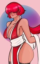 Rule 34 | 1girl, ass, breasts, bwaithin, cleavage, cosplay, dress, female focus, japanese clothes, large breasts, long hair, panties, ponytail, red hair, senpainoticeme, shermie (kof), shiny clothes, shiny skin, shiranui mai, shiranui mai (cosplay), smile, socks, standing, tan, the king of fighters, thighs, underwear