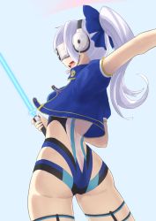 1girl ass back blue_jacket blue_one-piece_swimsuit breasts competition_swimsuit energy_sword fate/grand_order fate_(series) head-mounted_display headphones headset highleg highleg_one-piece_swimsuit highres jacket knightsaru large_breasts long_hair mitsudomoe_(shape) multicolored_swimsuit one-piece_swimsuit open_mouth ponytail short_sleeves silver_hair smile swimsuit sword thighs tinted_eyewear tomoe_(symbol) tomoe_gozen_(fate) tomoe_gozen_(swimsuit_saber)_(fate) tomoe_gozen_(swimsuit_saber)_(first_ascension)_(fate) visor vr_visor weapon white_one-piece_swimsuit