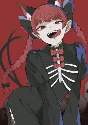 Rule 34 | 1girl, animal ear fluff, animal ears, bow, bowtie, braid, cat ears, cat girl, cat tail, hair bow, highres, kaenbyou rin, multiple tails, norimi (01norimi28), red background, red eyes, red hair, skull, subterranean animism, tail, teeth, tongue, tongue out, touhou, twin braids, twitter username, two tails