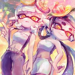 2girls baggy_pants blunt_bangs bodystocking callie_(splatoon) callie_(summer_nights)_(splatoon) cowboy_shot ear_piercing food from_below fruit grey_hair hand_on_own_hip ho2yrentea holding_hands inkling lemon lemon_slice long_hair looking_at_viewer looking_down marie_(splatoon) marie_(summer_nights)_(splatoon) mole mole_under_eye multiple_girls navel nintendo orange_background oyster pants piercing pointy_ears pulling_own_clothes red_lips shrimp skirt smile splatoon_(series) splatoon_3 strapless suspenders suspenders_pull tentacle_hair tube_top twintails yellow_eyes