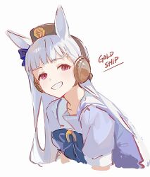 1girl animal_ears blunt_bangs bow brown_hat character_name cropped_torso ear_bow ear_covers ear_ornament ear_ribbon gold_ship_(umamusume) grin hat highres horse_ears horse_girl horseshoe_ornament long_hair pillbox_hat pink_eyes purple_bow sailor_collar sailor_shirt school_uniform shirt smile solo soybean_(hisoybean) tracen_school_uniform umamusume white_background white_hair
