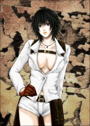 Rule 34 | 1girl, bad id, bad pixiv id, black hair, breasts, devil may cry, devil may cry (series), devil may cry 4, gloves, green eyes, hand on own hip, heterochromia, jacket, jewelry, lady (devil may cry), mikaneco, necklace, no bra, red eyes, red gloves, shorts, white jacket, white shorts