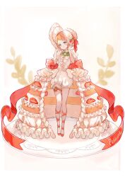 back_bow blonde_hair blue_eyes blush bonnet bow braid braided_bangs buttons center_frills clothes_writing expressionless food food_print fork_hair_ornament frilled_bonnet frilled_shorts frilled_sleeves frills fruit fruit_print full_body hands_up hashtag-only_commentary highres hime_lolita kagamine_rin lace_trim leaf leg_ribbon lolita_fashion looking_at_viewer merry_tommy parted_lips puffy_short_sleeves puffy_shorts puffy_sleeves red_bow red_ribbon red_shoes ribbon shirt shoes short_hair short_sleeves shorts showgirl_skirt spoon_hair_ornament standing strawberry strawberry_print striped_ribbon thigh_ribbon vocaloid waist_bow white_bonnet white_shirt white_shorts