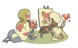 Rule 34 | 1girl, blue pants, blush, canvas (object), gen 2 pokemon, kinni, low ponytail, mina (pokemon), nintendo, paint palette, painting (object), pants, pokemon, ponytail, shirt, sitting, smeargle, smile, snubbull, transparent background, white shirt