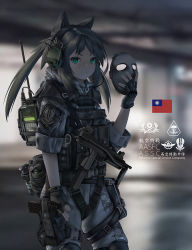 1girl animal_ears blurry blurry_background bulletproof_vest camouflage camouflage_jacket camouflage_pants chinese_commentary chinese_text commentary_request cowboy_shot fang_zhenjun flashbang gloves green_eyes grey_gloves grey_hair gun handgun harness headphones holding holding_mask holster holstered jacket long_hair looking_at_viewer mask microphone military military_combat_uniform military_uniform original pants photo_background pistol republic_of_china_flag sleeves_rolled_up smoke_grenade soldier solo standing submachine_gun tactical_clothes taiwan thigh_holster translation_request two_side_up unworn_mask weapon weapon_request