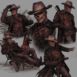1boy absurdres aiming animal arm_up bandolier belt belt_buckle black_gloves blue_shirt brown_belt brown_coat brown_footwear brown_vest buckle cachet chair coat collared_shirt commentary cowboy_hat dog english_commentary fallout_(prime_video) fallout folding_chair german_shepherd ghoul ghoul_(fallout) gloves grey_background grin gun hand_on_own_hat hat highres holding holding_gun holding_weapon knee_up lapels layered_clothes long_sleeves looking_ahead looking_to_the_side lying male_focus multiple_belts multiple_views on_back on_chair outstretched_leg own_hands_clasped own_hands_together pants shell_casing shirt sideways_glance simple_background sitting smile teeth the_ghoul_(fallout_tv_series) undershirt vest weapon