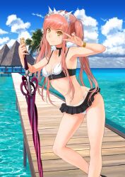 1girl bare_arms bare_legs bare_shoulders bikini bikini_skirt black_bikini black_choker black_shoes blue_sky bracelet breasts choker cleavage closed_mouth cloud collarbone cross-laced_bikini cross-laced_clothes crown dock fate/grand_order fate_(series) feet_out_of_frame gold_bracelet hand_on_hilt hands_up horizon jewelry leaning_forward long_hair long_sidelocks looking_at_viewer medb_(fate) medb_(swimsuit_saber)_(fate) medb_(swimsuit_saber)_(second_ascension)_(fate) medium_breasts microskirt multi-strapped_bikini_top multicolored_bikini narrow_waist navel ocean official_art orange_eyes pink_hair ribbon_choker shoes sidelocks skirt sky smile solo spaghetti_strap swimsuit sword takayama_kisai third-party_source twintails two-tone_bikini v v_over_eye variant_set weapon white_bikini