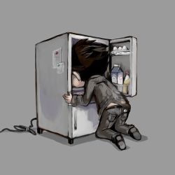 Rule 34 | 1boy, 241543903, black hair, chibi, egg, el shaddai, eruri, food, kneeling, lucifel (el shaddai), male focus, mayonnaise, meme, milk carton, refrigerator, simple background, solo