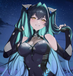 1girl absurdres aqua_hair bare_shoulders black_bodysuit black_hair black_nails bodysuit breasts cleavage cloud colored_inner_hair commentary cone_hair_bun double_bun elias2art english_commentary fingernails goddess_of_victory:_nikke grin hair_between_eyes hair_bun hair_intakes highres holding holding_own_hair large_breasts little_mermaid_(nikke) long_fingernails long_hair looking_at_viewer multicolored_hair nail_polish night night_sky outdoors see-through_bodysuit see-through_cleavage see-through_clothes sky smile solo star_(sky) twintails two-tone_hair upper_body very_long_hair yellow_eyes