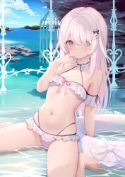 1girl bare_shoulders barefoot beach bikini breasts cloud day frilled_bikini frills hair_between_eyes hair_ornament hairclip highres innertube legs long_hair looking_at_viewer navel nekoze_(nekozevt) nekoze_(vtuber) ocean outdoors parallel_hairclips purple_eyes sitting sky small_breasts solo stomach swim_ring swimsuit thighs wariza water