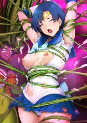 2girls arms_up bishoujo_senshi_sailor_moon blue_hair blue_skirt blurry blurry_background breasts character_request closed_eyes cowboy_shot ear_piercing forehead_jewel green_hair highres medium_breasts miniskirt multiple_girls nipples onigirikun open_mouth panties piercing plant plant_hair pleated_skirt purple_background restrained sailor_mercury shirt short_hair skirt tiara tongue torn_clothes torn_shirt underwear vines white_panties white_shirt