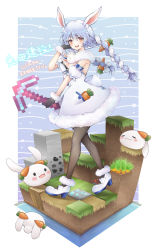 1girl absurdres animal_ear_fluff animal_ears ankle_garter black_gloves black_leotard black_pantyhose blue_hair blush braid breasts carrot_hair_ornament coat coat_dress creature detached_sleeves don-chan_(usada_pekora) dress food-themed_hair_ornament fur-trimmed_coat fur-trimmed_gloves fur_scarf fur_trim gloves hair_between_eyes hair_ornament highres hikimayu hololive leotard leotard_under_clothes long_hair looking_at_viewer mary_janes minecraft minecraft_pickaxe multicolored_hair open_mouth orange_eyes pantyhose pekomon_(usada_pekora) pickaxe puffy_short_sleeves puffy_sleeves rabbit rabbit-shaped_pupils rabbit_ears rabbit_girl rabbit_tail scarf shoes short_eyebrows short_sleeves small_breasts smile solo strapless strapless_coat strapless_dress strapless_leotard symbol-shaped_pupils tail teeth thick_eyebrows twin_braids twintails two-tone_hair upper_teeth_only usada_kensetsu usada_pekora usada_pekora_(1st_costume) v-shaped_eyebrows virtual_youtuber white_coat white_hair white_scarf white_shoes white_sleeves