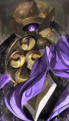 aegislash black_eyes bright_pupils gen_6_pokemon highres looking_down moon nintendo no_humans pemuchi_(chikuwa_3296) pokemon pokemon_(creature) purple_eyes shield slit_pupils sword weapon white_pupils