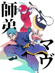 1boy 1girl amate_yuzuriha aqua_eyes axe black_shoes blue_eyes blue_hair bun_cover challia_bull chinese_clothes closed_mouth commentary_request double_bun dynamic_pose facial_hair fighting_stance foot_out_of_frame goatee gundam gundam_gquuuuuux hair_between_eyes hair_bun heat_hawk highres holding holding_axe holding_weapon long_sleeves looking_at_viewer mekakureski mustache open_hands outstretched_arm pants red_hair shoes short_hair standing tangzhuang translation_request v-shaped_eyebrows weapon