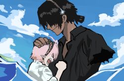 1boy 1girl amputee arknights black_hair black_shirt braid clenched_hands cloud covered_eyes dark-skinned_male dark_skin hand_on_another&#039;s_head highres lucksup one_piece parody rose_salt_(arknights) scene_reference shirt thorns_(arknights) thorns_the_lodestar_(arknights) torn_clothes torn_shirt water white_shirt