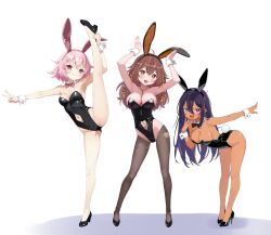 3girls absurdres animal_ear_hairband animal_ears bare_legs bent_over black_hair black_leotard black_shoes black_thighhighs bow bowtie breasts brown_eyes brown_hair cleavage clothing_cutout dark-skinned_female dark_skin detached_collar diamond_cutout fake_animal_ears fangs full_body hairband heart_cutout high_heels highres leotard long_hair medium_breasts multiple_girls navel_cutout ogaoekaki open_mouth original pink_bow pink_bowtie pink_eyes playboy_bunny purple_eyes rabbit_ears rabbit_pose rabbit_tail red_eyes shoes short_hair smile solo split standing standing_on_one_leg standing_split strapless strapless_leotard tail thighhighs v wrist_cuffs