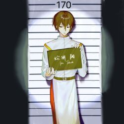 1boy belt black_belt brown_hair capelet hair_between_eyes height_chart highres holding jabuchi_you long_sleeves male_focus mugshot pants red_eyes red_pants saibou_shinkyoku shiragawa_(vixerun10) shirt short_hair solo translated white_capelet white_shirt
