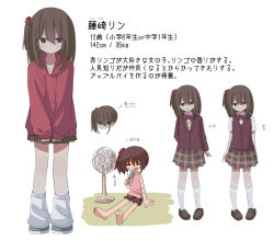 1girl black_eyes black_shorts black_skirt brown_hair brown_shoes camisole closed_mouth dot_nose drawstring electric_fan food full_body highres holding holding_food holding_popsicle hood hood_down hoodie hot kanikan leg_warmers loafers long_sleeves looking_at_viewer miniskirt multiple_views original pink_camisole plaid_clothes plaid_skirt popsicle red_hoodie school_uniform shoes shorts side_ponytail simple_background sitting skirt standing sweat translation_request v_arms white_background white_leg_warmers