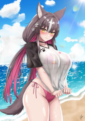 absurdres animal_ears beach bikini bikini_under_clothes blush breasts brown_hair chisaka_airi closed_mouth cloud colored_inner_hair flower hair_flower hair_ornament highres large_breasts long_hair multicolored_hair ocean phase_connect pink_bikini pink_hair ramiki_(ramesgoag) see-through_clothes shirt side-tie_bikini_bottom sky swimsuit tail two-tone_shirt virtual_youtuber wet wet_clothes white_flower white_hair white_shirt wolf_ears wolf_girl wolf_tail yellow_eyes