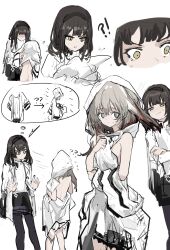 2girls absurdres animal_ears arknights ass black_hair black_hairband black_skirt brown_hair coat dress dressing_another hairband highres hilda_(arknights) hood long_hair multiple_girls priestess_(arknights) rabbit_ears skirt sweater torn_clothes whate=3r white_background white_coat white_dress white_hood white_sweater