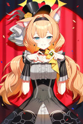 Rule 34 | 1girl, animal ear fluff, animal ears, black headband, blue archive, blush, cat ears, cat girl, flower, flower hat, fluffy hair, grey feathers, halo, hat, hat flower, headband, highres, idol, idol clothes, long hair, looking at viewer, mari (blue archive), mari (idol) (blue archive), melreon, mini hat, mini top hat, rose, smile, solo, top hat, wrist wrap, yellow flower, yellow halo, yellow rose