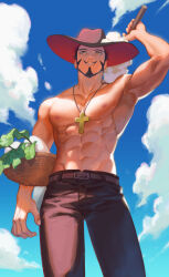 1boy abs absurdres arm_up basket black_hair black_pants che_(cyan_crown) cross cross_necklace daikon dracule_mihawk facial_hair food from_below hat highres holding holding_food holding_vegetable jewelry looking_at_viewer male_focus muscular muscular_male necklace one_piece outdoors pants radish sky solo topless_male vegetable yellow_eyes