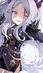 1girl absurdres belt black_skirt blood blood_on_face blue_archive commentary demon_girl demon_horns hair_ornament hairclip halo highres hina_(blue_archive) horns long_hair looking_at_viewer multiple_horns one_eye_closed open_mouth parted_bangs purple_eyes simple_background skirt solo torn_clothes wendao white_hair