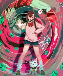 1boy 1girl alternate_form animal_ears ayase_momo backpack bag bell black_choker blue_skirt blush bow bowtie brown_footwear brown_hair cat cat_ears cesar_art456 character_name choker clenched_teeth collared_shirt commentary copyright_name dandadan dress_shirt earrings english_commentary facial_mark full_body ghost glasses glint gyaru hair_between_eyes hand_on_own_hip heart highres jewelry kneehighs looking_at_viewer loose_socks mask miniskirt mouth_mask neck_bell open_hand open_mouth pink_sweater pleated_skirt red_bow red_bowtie red_eyes round_eyewear school_uniform shirt shoes short_hair skirt sleeves_past_wrists socks spiral spoken_heart standing sweater takakura_ken_(dandadan) tall_hair teeth transformation turbo_granny_(dandadan) white_hair white_shirt white_socks