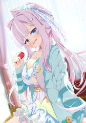 1girl absurdres blue_cardigan blue_dress blue_eyes blurry blurry_background blush breasts cardigan cleavage collarbone commission controller curtains dress dutch_angle frilled_dress frills game_controller hair_intakes hair_ornament hair_ribbon highres holding indoors jacket joy-con large_breasts long_hair long_sleeves looking_at_viewer multicolored_dress open_clothes open_mouth original pink_hair ponytail ribbon shiro9jira sidelocks sitting skeb_commission solo very_long_hair wavy_mouth window