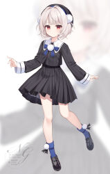 1girl absurdres black_hat black_jacket black_shoes black_skirt blue_bow blue_socks blurry blurry_background bow closed_mouth commentary_request expressionless full_body grey_hair hair_intakes hat highres jacket loafers long_sleeves looking_at_viewer miy@ paw_print_soles pinstripe_jacket pinstripe_pattern pinstripe_skirt pleated_skirt red_eyes shoes short_hair skirt socks solo ui_(voisona) voisona watermark zoom_layer
