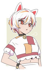 1girl animal_ears bell blush cat_ears cat_girl frills goutokuji_mike hair_between_eyes maneki-neko navel neck_bell open_mouth red_eyes shio_(futatsumami) shirt short_hair short_sleeves simple_background solo touhou