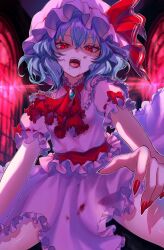 Rule 34 | 1girl, blood, blood on clothes, blood on face, brooch, frilled shirt, frilled skirt, frills, hat, highres, jewelry, looking at viewer, mob cap, momohana 3939, open mouth, red eyes, red nails, remilia scarlet, shirt, short hair, skirt, solo, touhou