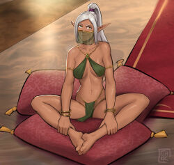 1girl armlet bangle bare_arms bare_legs bare_shoulders barefoot bracelet butterfly_sitting carpet collarbone commentary covered_erect_nipples dark-skinned_female dark_elf dark_skin elf english_commentary ethrkart feet full_body hands_on_own_legs harem_outfit high_ponytail highres indoors jewelry long_hair long_pointy_ears looking_at_viewer mouth_veil navel orange_eyes original pelvic_curtain pillow pointy_ears ponytail raised_eyebrow revealing_layer see-through_clothes see-through_veil sitting smirk soles_together solo spread_legs stomach tassel toes veil white_hair