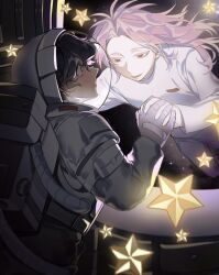 Rule 34 | 2boys, absurdres, alternate costume, astronaut, black eyes, black hair, chinese commentary, chunaizhanshi23057, closed mouth, colored eyelashes, commentary request, curtained hair, gloves, grey gloves, hatsutori hajime, helmet, highres, holding hands, long hair, long sleeves, male focus, multiple boys, open mouth, oxygen tank, pants, pink hair, red eyes, saibou shinkyoku, shirt, short hair, smile, space helmet, star (symbol), utsugi noriyuki, white pants, white shirt, wide-eyed