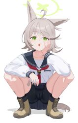 1girl absurdres ahoge animal_ears bike_shorts black_shorts blue_archive fox_ears fox_girl green_eyes green_halo halo highres long_sleeves looking_at_viewer neckerchief otogi_(blue_archive) red_neckerchief sailor_collar school_uniform serafuku shorts simple_background solo squatting white_background whoning1