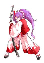 Rule 34 | 1girl, alphes (style), closed mouth, commentary request, curtained hair, dairi, flame print, full body, hair ribbon, hakama, hakama pants, high ponytail, highres, holding, holding sheath, holding sword, holding weapon, japanese clothes, katana, large variant set, legs apart, long hair, long sleeves, looking at viewer, meira (touhou), okobo, pants, parody, platform sandals, ponytail, print pants, print sleeves, purple eyes, purple hair, red vest, ribbon, sandals, serious, sheath, simple background, socks, solo, standing, style parody, sword, tabi, tachi-e, touhou, touhou (pc-98), transparent background, unsheathing, variant set, very long hair, vest, weapon, white hakama, white pants, white ribbon, white socks, wide sleeves