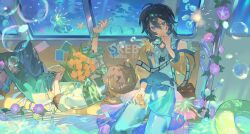 2boys absurdres black_hair blonde_hair blue_eyes bouquet bubble commission covered_mouth flower green_eyes hair_ornament hairclip hand_up highres holding holding_bouquet lying male_focus medium_hair multiple_boys on_back open_mouth original sabu_82 sitting skeb_commission smile watermark