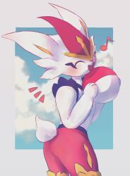1other ^_^ animal_hands animal_nose ass ball blue_background blue_fur blue_sky blush body_fur border buck_teeth butter_(oshi8kyoumoh) cinderace closed_eyes cloud cowboy_shot day from_behind furry gen_8_pokemon grey_border hands_up happy highres holding holding_ball looking_to_the_side multicolored_fur musical_note nintendo notice_lines open_mouth other_focus outdoors outside_border poke_ball_theme pokemon pokemon_(creature) rabbit_ears rabbit_tail red_fur red_hair short_hair sky smile solo standing teeth thighs white_fur yellow_fur