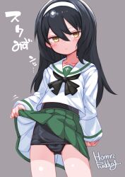 1girl :| artist_name black_hair black_neckerchief black_one-piece_swimsuit blouse brown_eyes closed_mouth clothes_lift commentary cowboy_shot expressionless girls_und_panzer green_skirt grey_background hairband highres lifting_own_clothes loli long_hair long_sleeves looking_at_viewer miniskirt motion_lines neckerchief old_school_swimsuit one-piece_swimsuit ooarai_school_uniform pleated_skirt puddinghomhom reizei_mako sailor_collar school_swimsuit school_uniform serafuku shirt signature simple_background skirt skirt_lift solo standing swimsuit translated white_hairband white_sailor_collar white_shirt