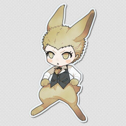 1boy animal_ears black_bow black_bowtie black_vest blonde_hair blush_stickers bow bowtie casssstle12 commentary danganronpa_(series) danganronpa_2:_goodbye_despair dotted_background freckles furrification furry grey_background highres kuzuryu_fuyuhiko long_sleeves male_focus mole mole_under_mouth rabbit_boy rabbit_ears rabbit_tail shirt solo symbol-only_commentary tail vest white_shirt yellow_eyes