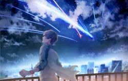 10s 1boy bracelet brown_hair building city cloud from_behind highres jacket jewelry kimi_no_na_wa. looking_afar looking_up male_focus meteor mikkun_04 night night_sky open_clothes open_jacket outdoors parted_lips railing scenery shooting_star short_hair sky skyline solo tachibana_taki tokyo_tower upper_body wristband