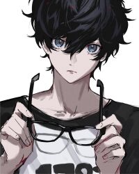 1boy amamiya_ren black-framed_eyewear black_eyes black_hair black_shirt closed_mouth fingernails glasses hair_between_eyes highres looking_at_viewer male_focus minuonuonuo persona persona_5 shirt short_hair simple_background solo unworn_eyewear white_background