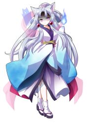 1girl animal_ear_fluff animal_ears blue_fire blue_kimono bow breasts closed_mouth commentary_request dairi fire fox_ears frown full_body geta grey_hair hagoromo hair_bow hair_ornament highres hitodama japanese_clothes kimono large_variant_set long_hair long_sleeves looking_at_viewer medium_breasts nhk_(voiceroid) obi okobo parted_bangs pink_bow pink_eyes platform_sandals sandals sash see-through_clothes shaded_face shawl sidelocks simple_background sleeves_past_fingers sleeves_past_wrists solo standing tabi tachi-e touhoku_itako transparent_background utau variant_set very_long_hair voiceroid wide_sleeves