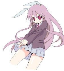 1girl animal_ears bad_id bad_pixiv_id female_focus finger_gun ica long_hair necktie oekaki panties pantyshot purple_hair rabbit_ears red_eyes reisen_udongein_inaba simple_background skirt solo touhou underwear white_background