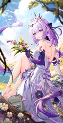 1girl absurdres back backless_dress backless_outfit barefoot black_tiara blue_sky breasts bupa_chila castorice_(honkai:_star_rail) cloud dress elbow_gloves feet flower flower_ornament gloves hair_flower hair_ornament highres holding holding_flower honkai:_star_rail honkai_(series) long_hair medium_breasts outdoors pointy_ears purple_eyes purple_gloves purple_hair sitting sky smile soles solo tiara toes white_dress